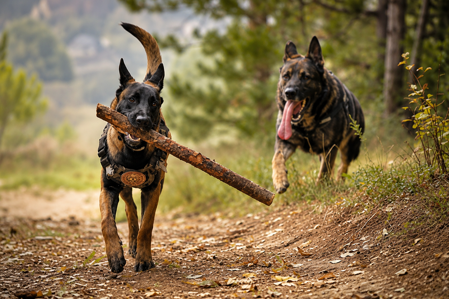 Two active dogs running and playing together outdoors